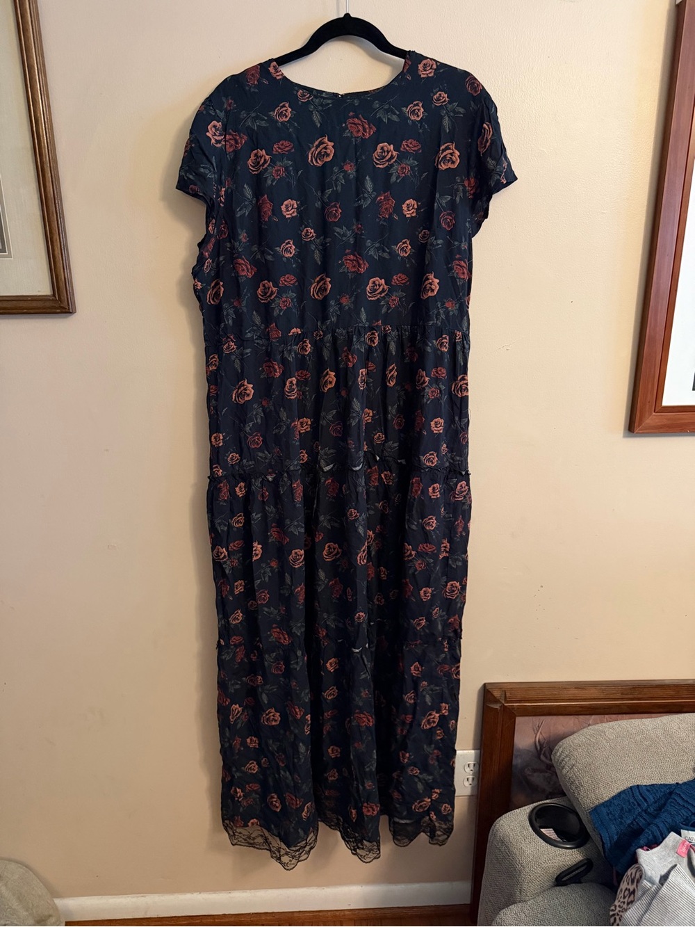Women's Black Floral Midi Dress with Rose Print